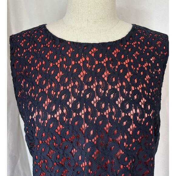 Tahari Petite Navy Overlay Orange Cotton Dress Womens 14P - Picture 4 of 6